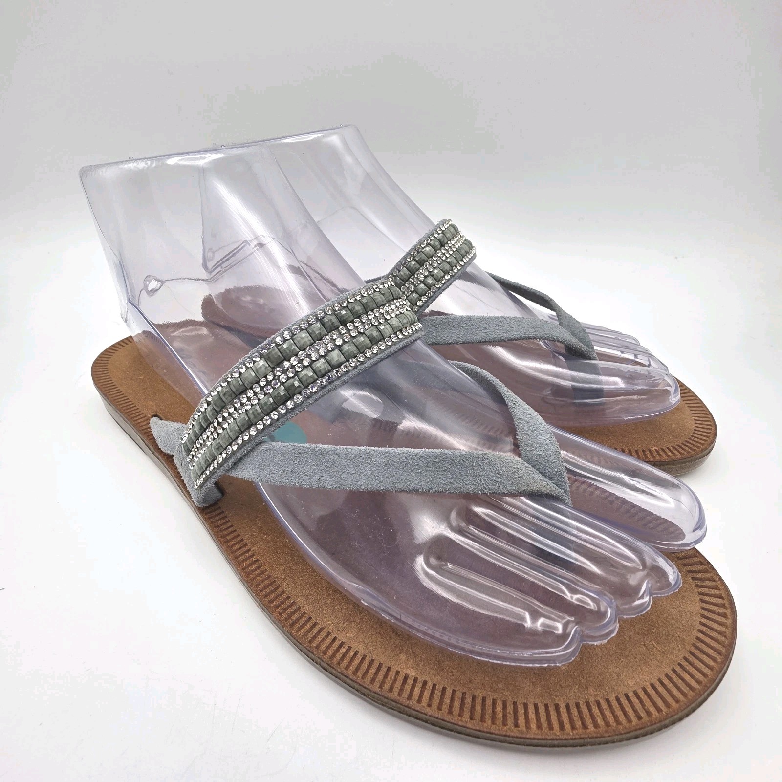 MARIELLA Sandals 8 Blue Gray Leather Glitter Rhinestone Thongs Slides Mules