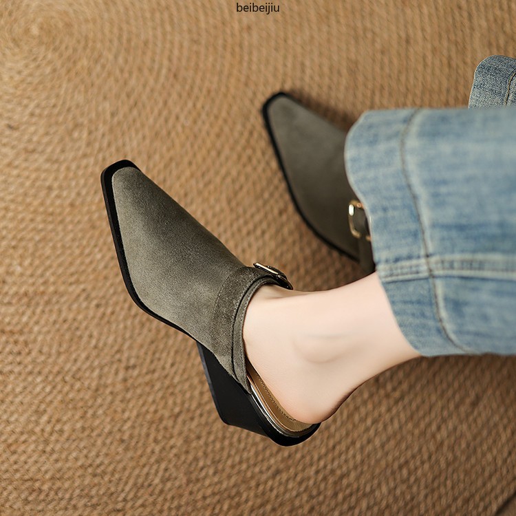 Women’s Closed Pointed Toe Slipper Mid Wedge Heel Sandals Suede Leather Shoes