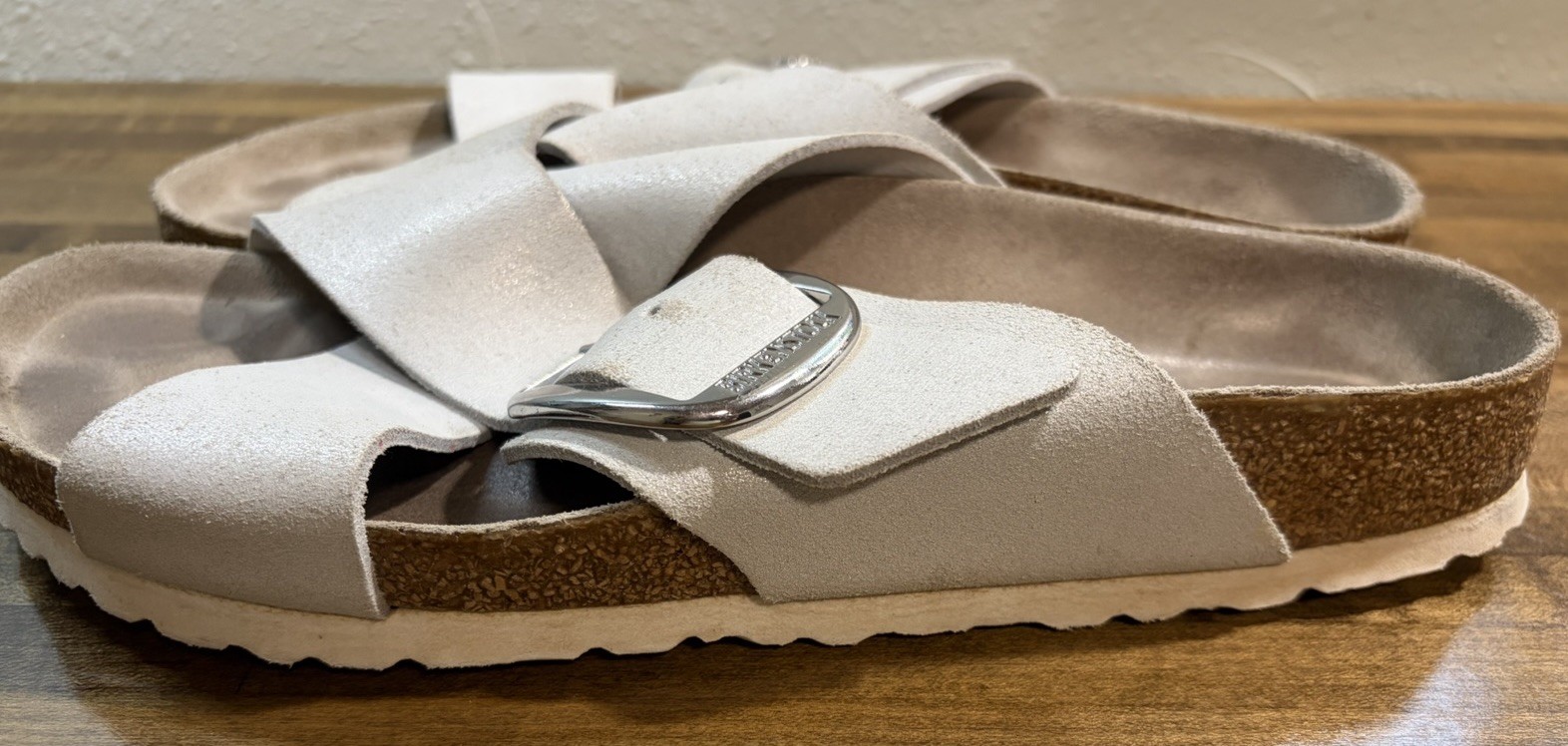 Birkenstock Siena Big Buckle Cross Strap Sandal Whitewash Metallic SZ42/US11W