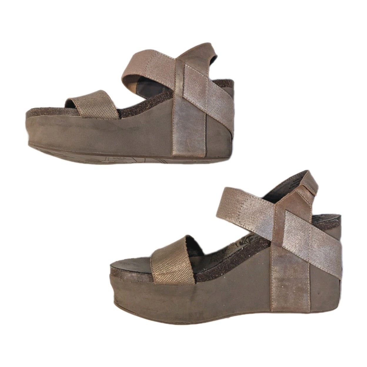OTBT Women’s Bushnell Wedge Sandals Leather Platform Metallic Gold Beige Size 9M