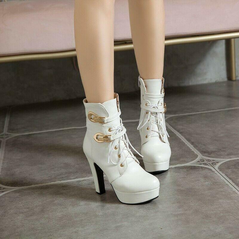 Womens Faux Leather Lace Up Zip Ankle Boots High Heel Formal Casual Knight Shoes