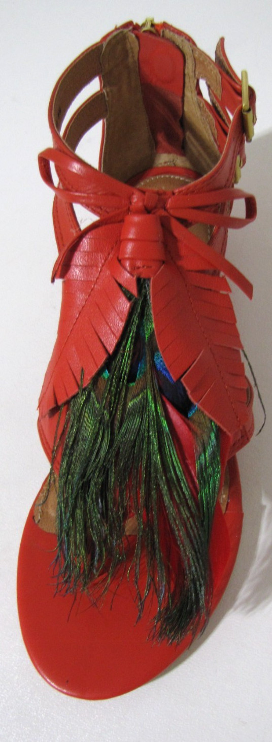 New Kelsi Dagger Red Leather Sandals Peacock-Feather-Accent Ankle Buckles Wm. 9M