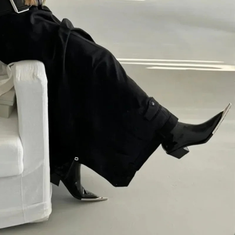Luxury Designer Pointed Toe Chelsea Boots Women 2025 Fall Chunky Heel Metal Toe
