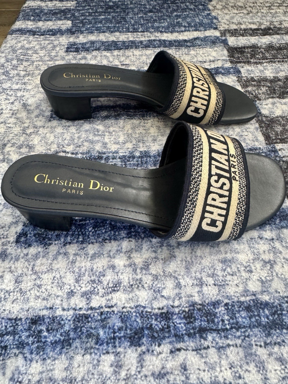 Dior Dway Deep Blue Embroidered Cotton Heeled Slides EU 40-US 9.5