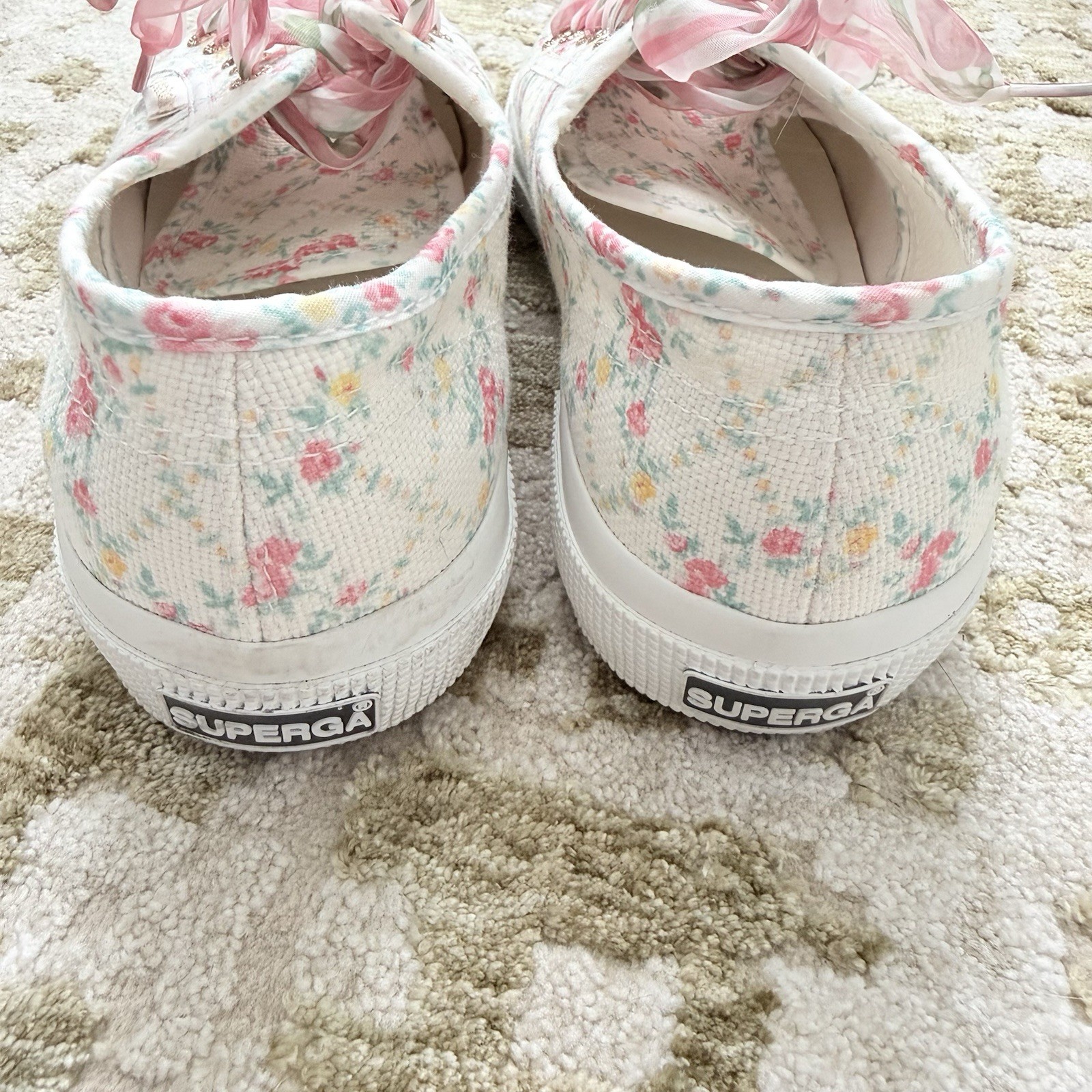 Superga x LoveShackFancy Floral Ribbon Sneakers Size 37 White Pink