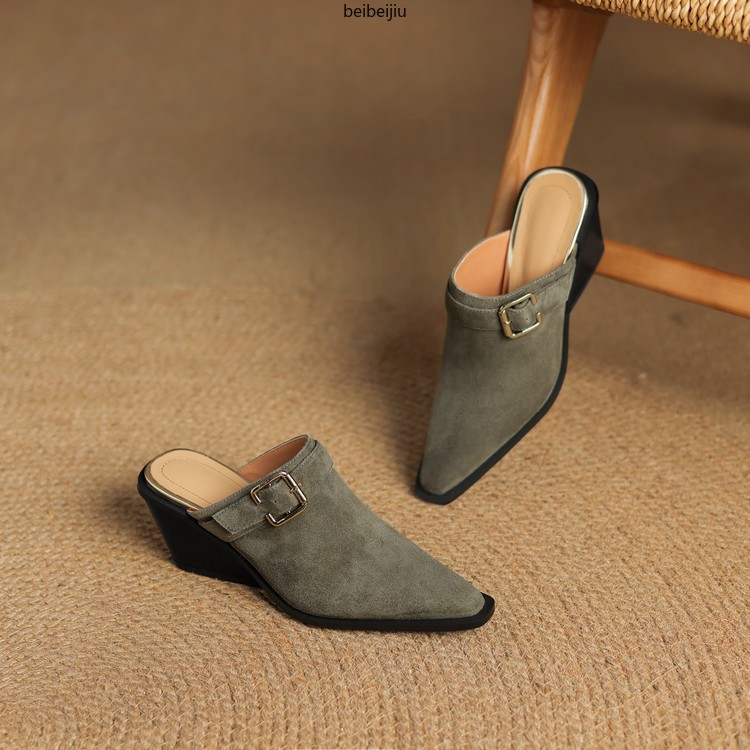 Women’s Closed Pointed Toe Slipper Mid Wedge Heel Sandals Suede Leather Shoes