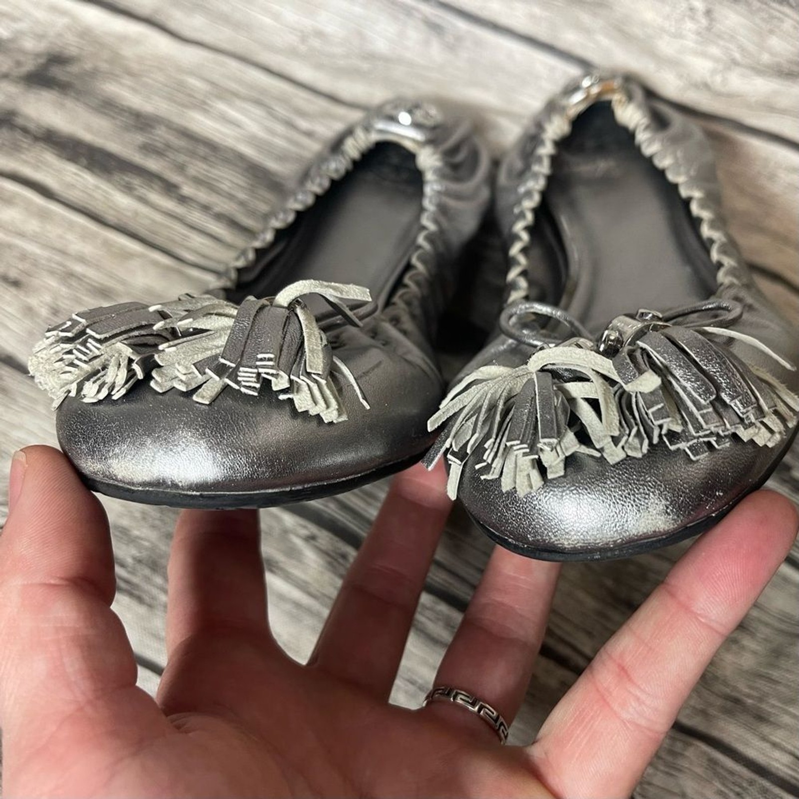 Tory Burch Leather Metallic Silver Flats Tassel Ballet Size Not Marked Read*