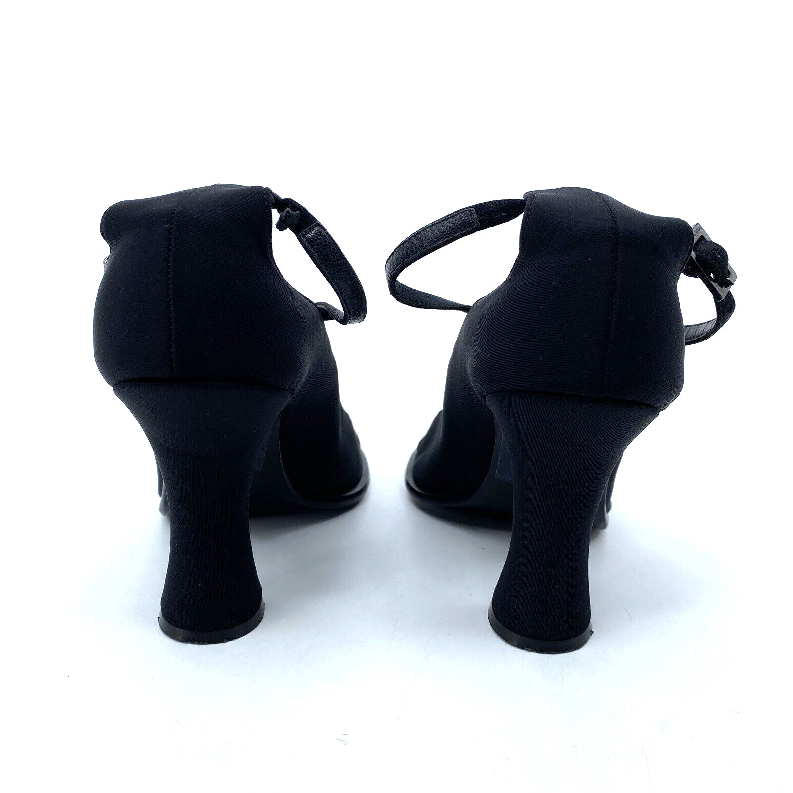 Womens 7.5 M Via Spiga Cage Black Satin Strappy Sandals 3.25″ Heel Made in Italy