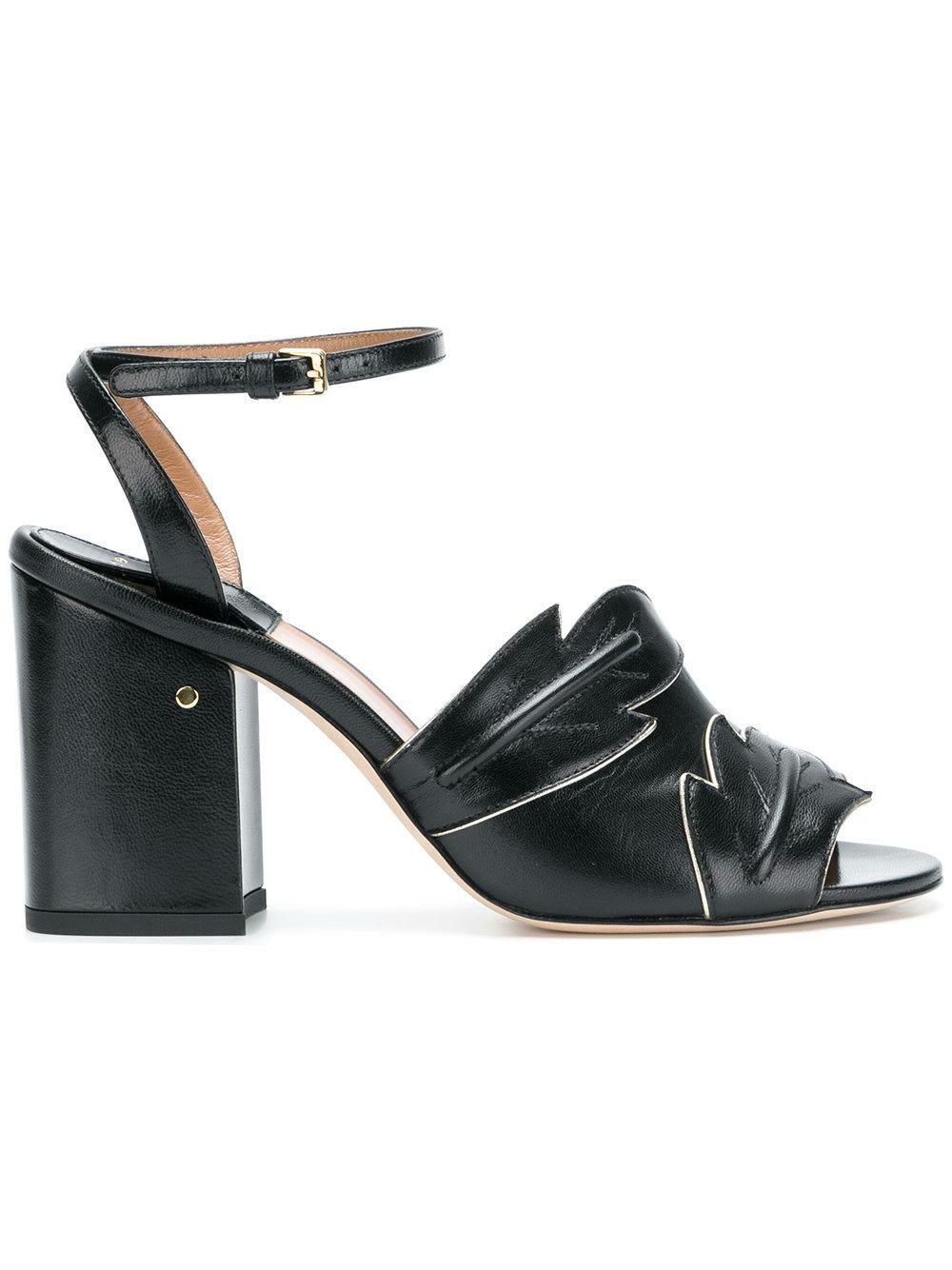 LAURENCE DACADE Rita Embossed Black Gold 3.5″ Heel Sandals sz US 6/IT 36 $810