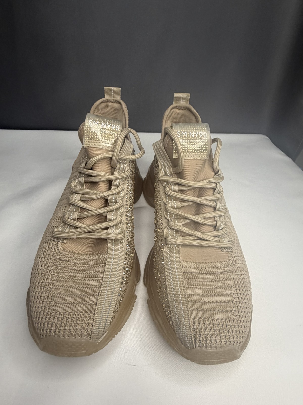 Steve Madden SM NY90 Rhinestone Sneakers Nude Beige Chunky Platform Womens 8.5