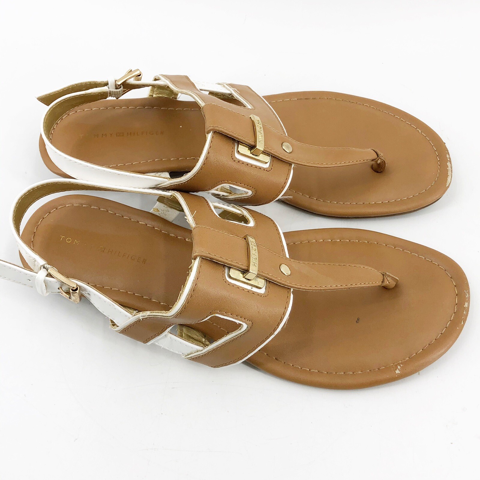 Tommy Hilfiger Brown White & Gold Flat Summer Sandal Size 9 M