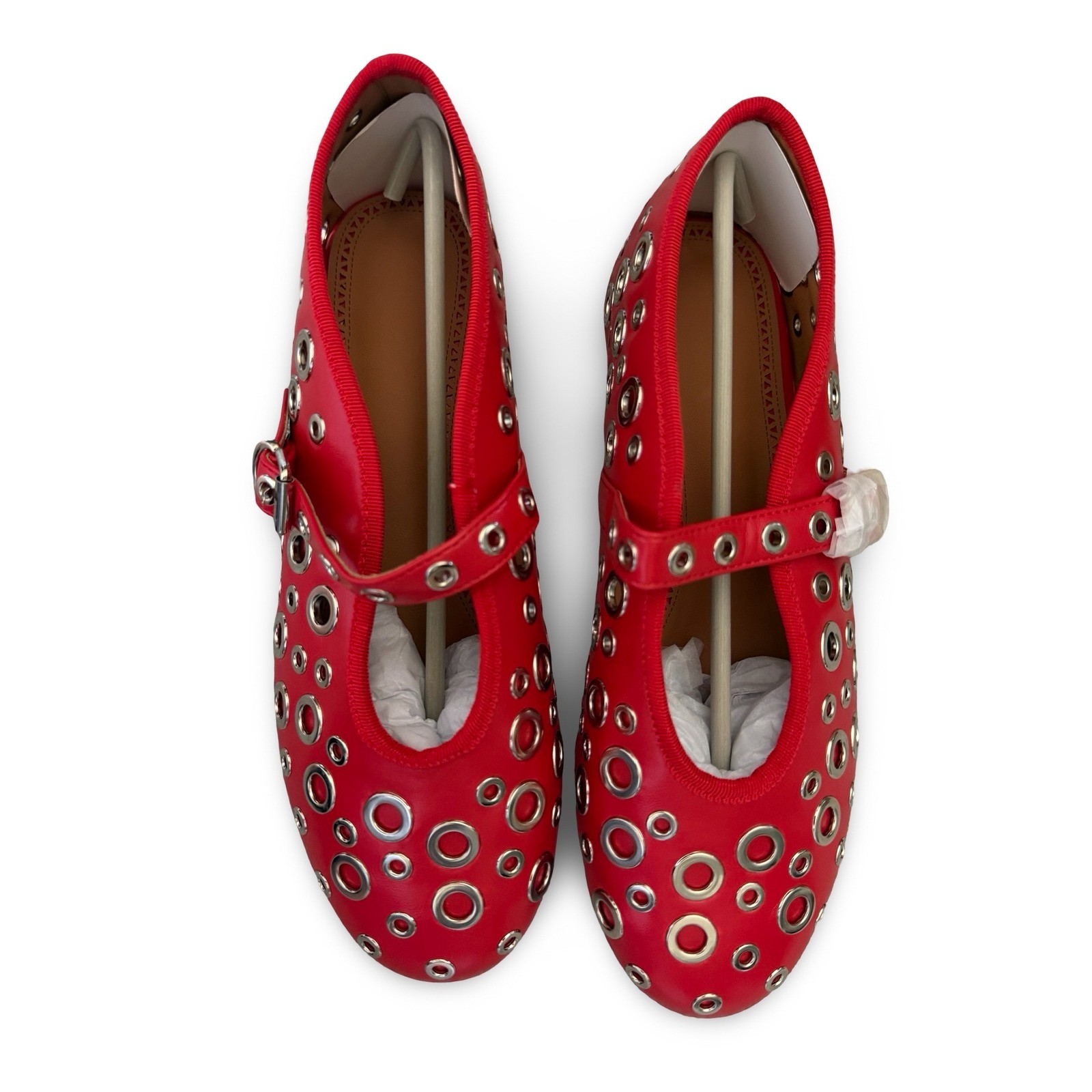 Red Grommet Mary Jane Flats Buckle Strap Eyelet Shoes Womens 8.5 NEW