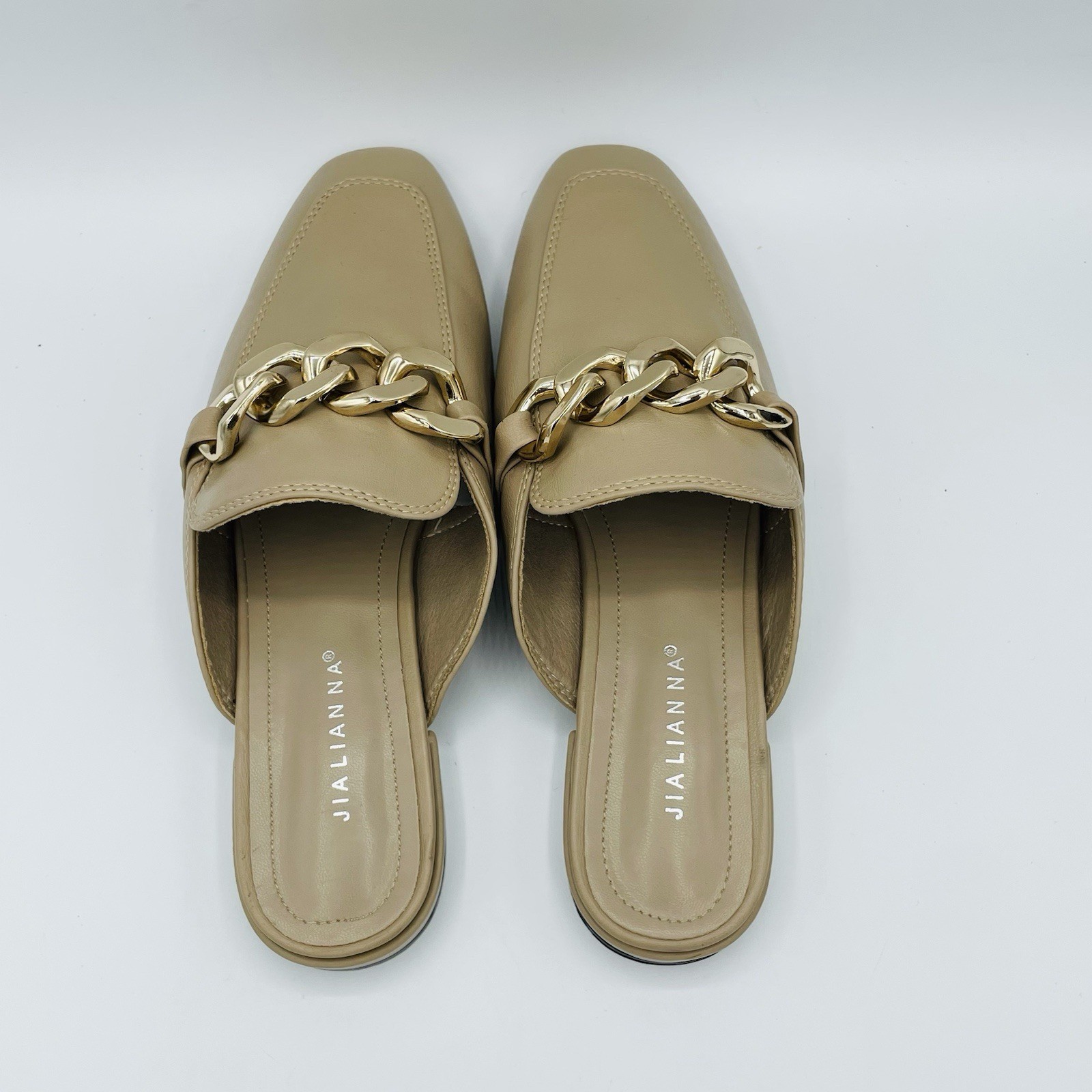 JiaLianNa Shoes Womens Size 7.5 Beige Brown Comfort Mules Heels Gold Chain Slip