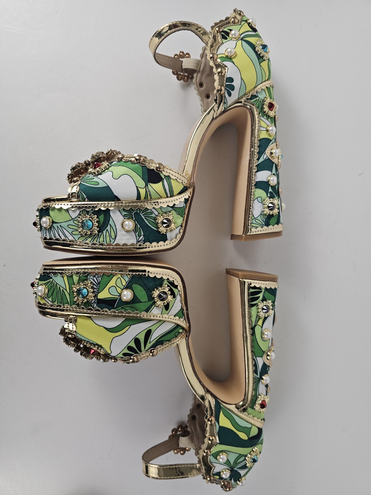 Retro 70s Style Rhinestone Pearl Embellished Platform Shoe Sandals S10 Jeweled