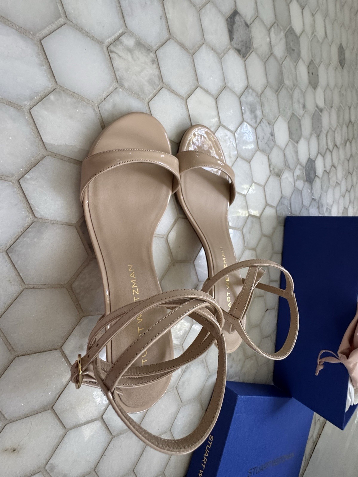 Stuart Weitzman Beige Patent Leather Strappy Ankle Strap Block Heel 8B