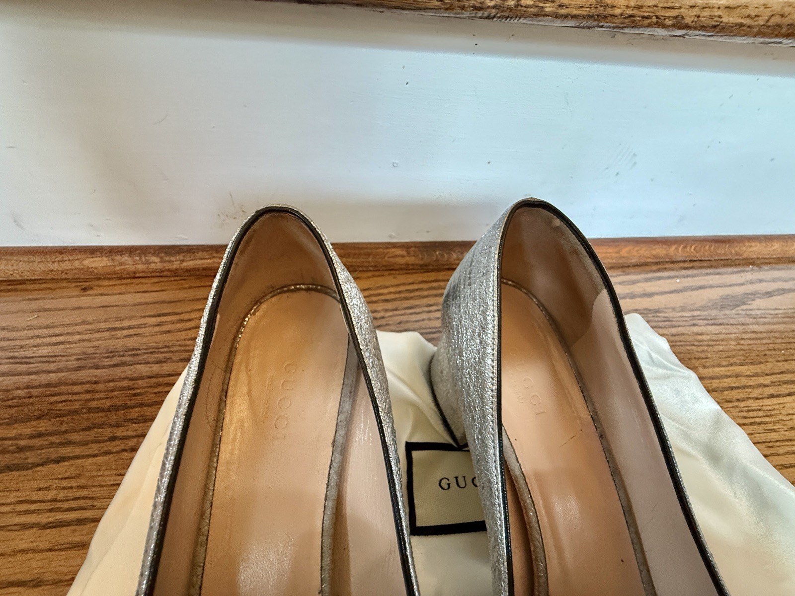 Gucci Metallic leather GG fringe Marmont 55mm Heeled Loafer pumps EU 38