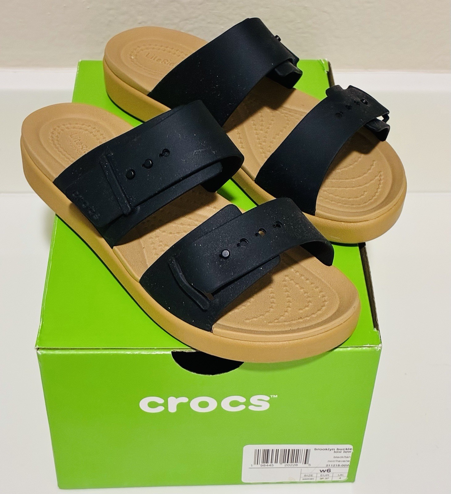 Size 6 Women Crocs Brooklyn Buckle Low Low Sandals Slip-On Wedge Black/Tan w/Box