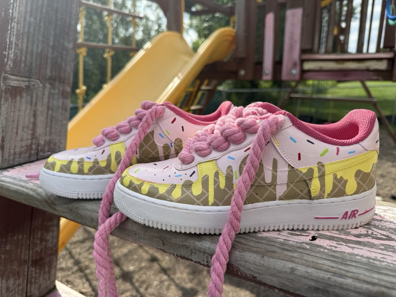 WMS 6.5 Custom hand painted “ Ice Cream and waffle “ AF1, with 8mm rope laces.