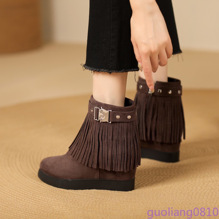 Women’s Suede Leather Ankle Boots Rivet Tassels Hidden Wedge Shoes Comfort Chic