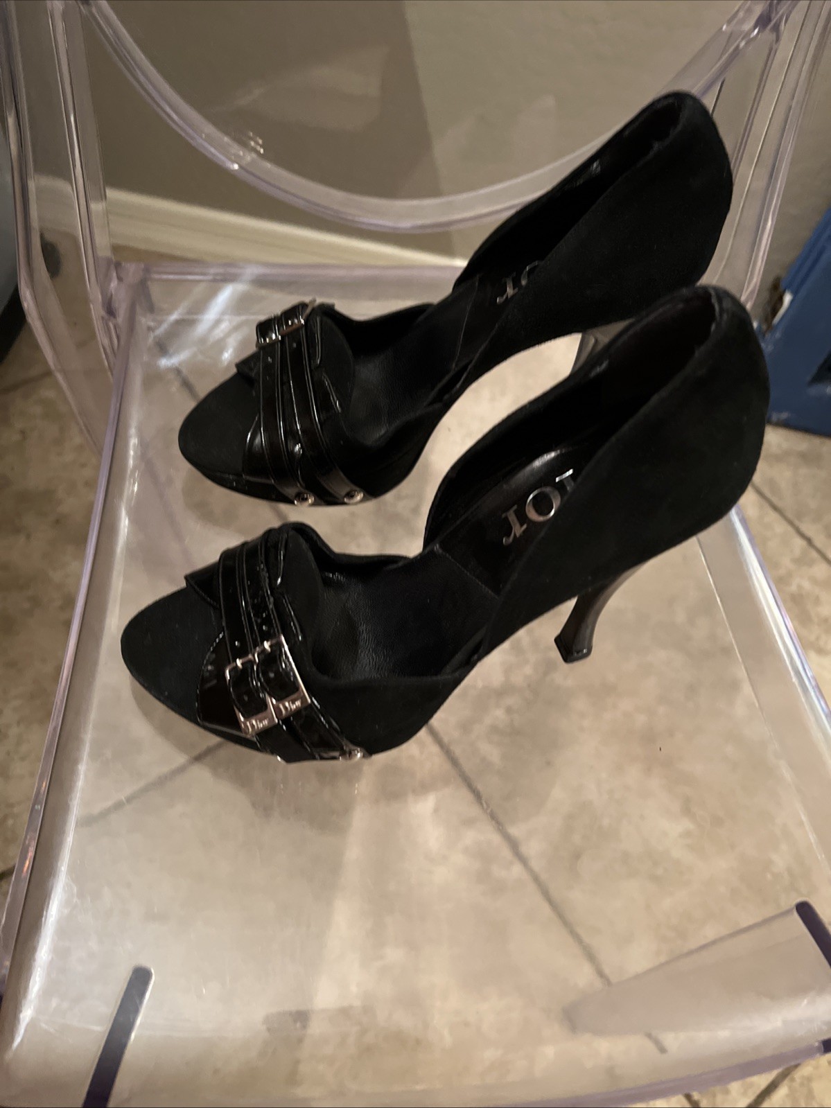Christian Dior Black Suede Patent Leather logo buckle D’orsay heels Vintage EU37