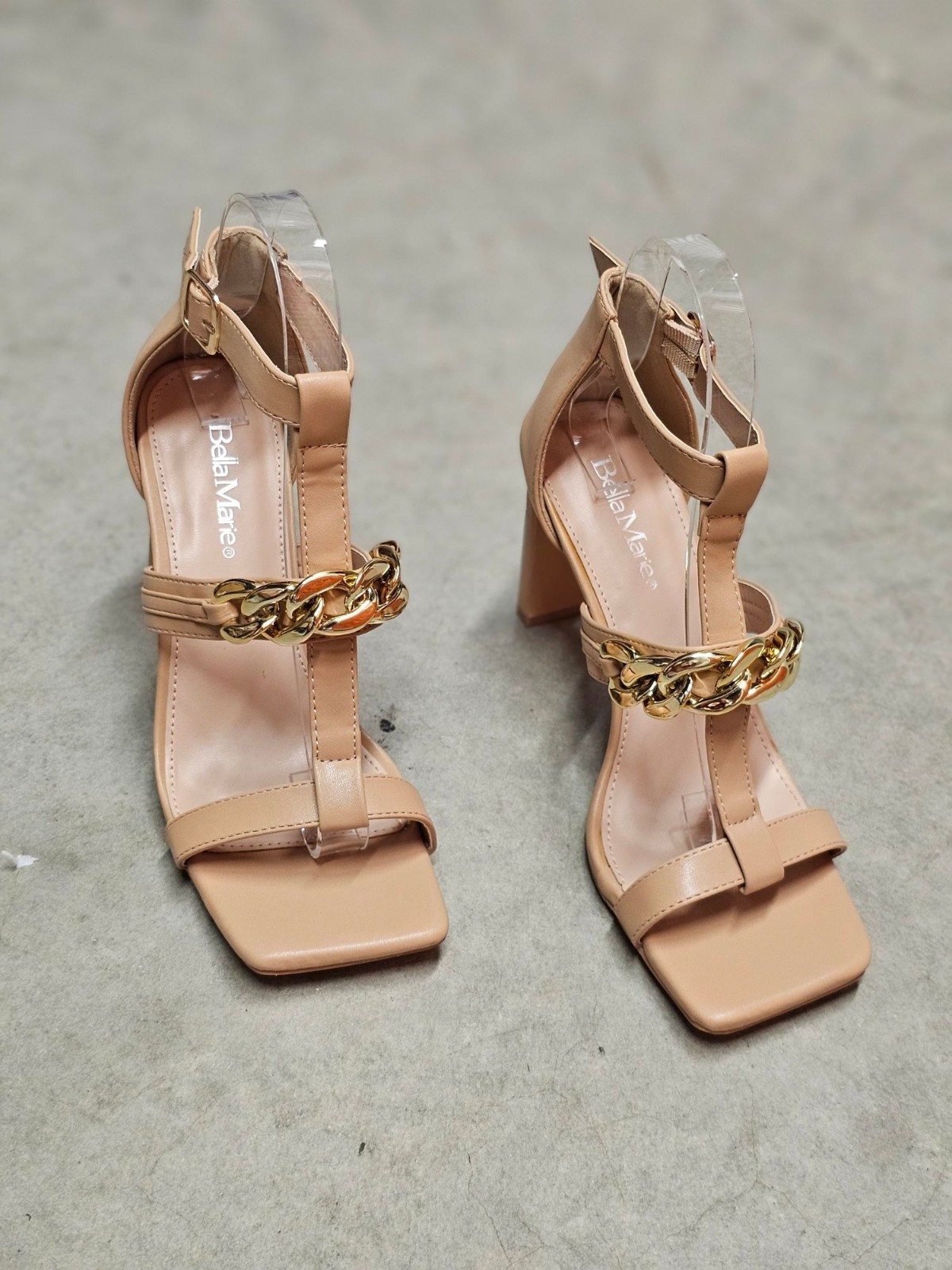 Gold Chain Accent Nude High Heel Sandals With Buckle Strap