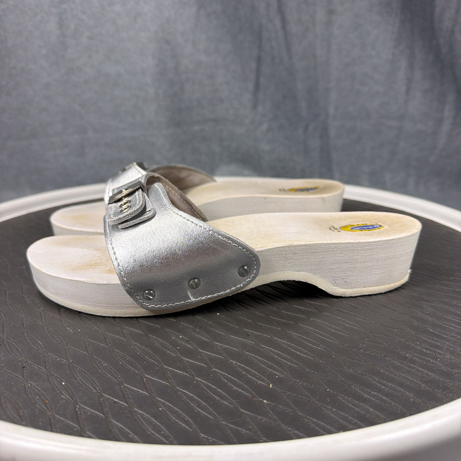 Dr Scholls Original Sandals Womens 6.5 Silver Platform Slides Buckle