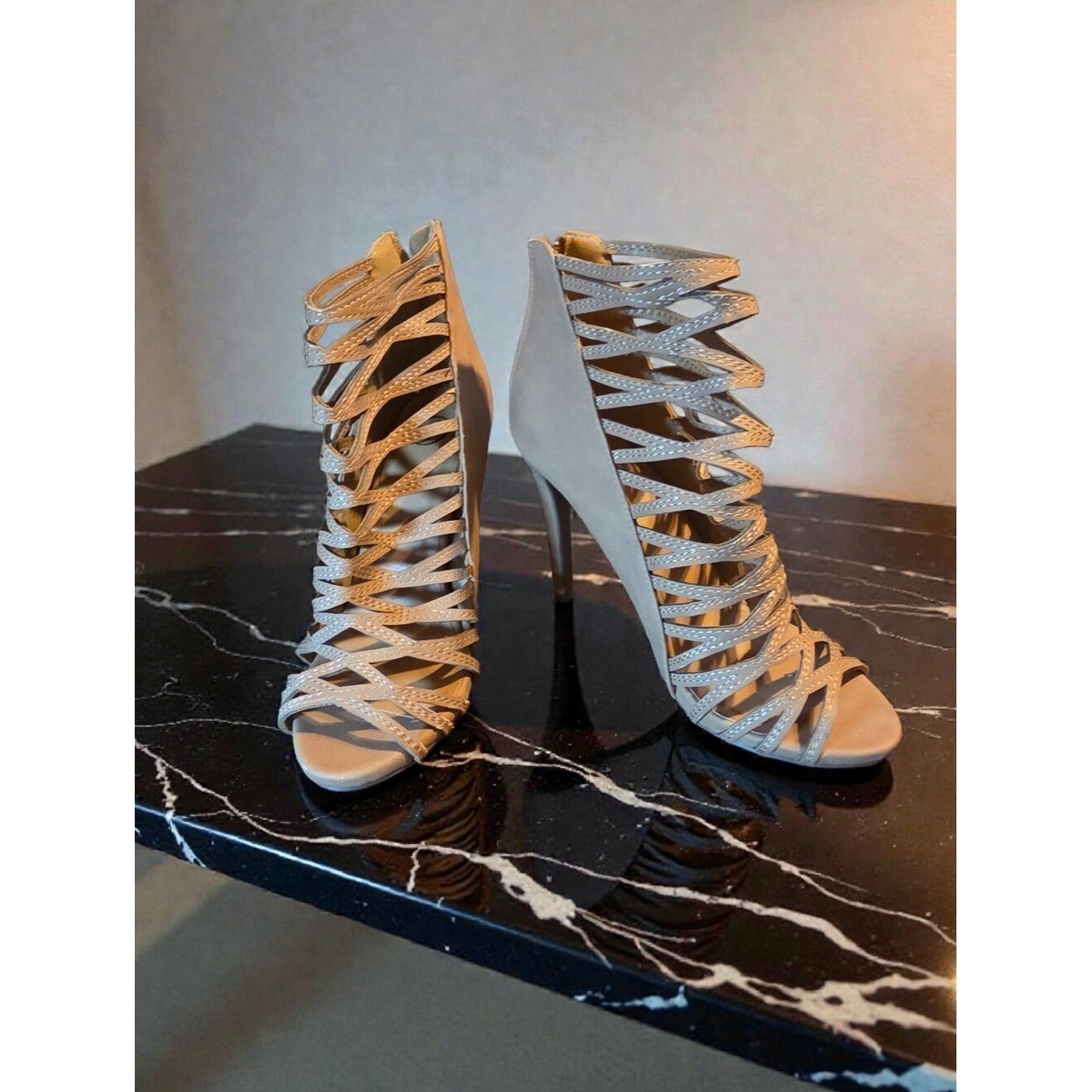 Beige Strappy Cage Stiletto Heels