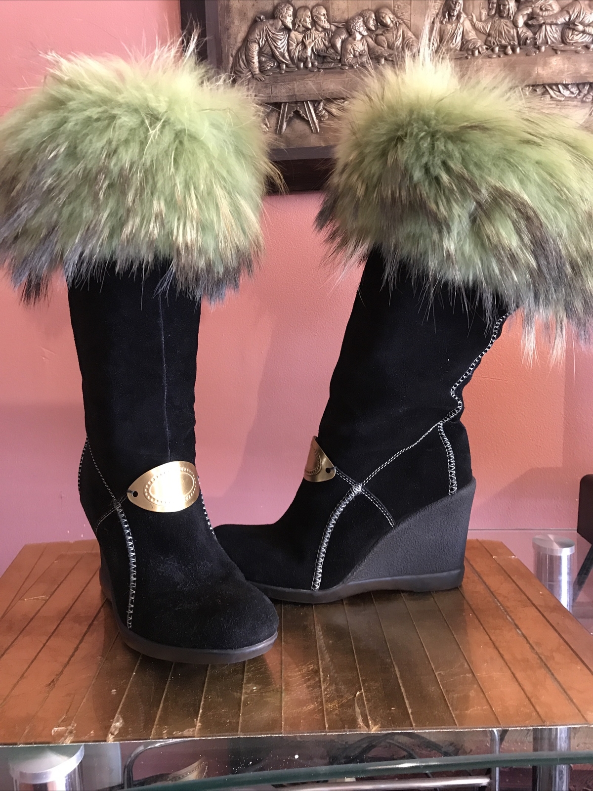 Handmade GORGEOUS BLACK SUEDE & FOX NATURAL FUR wedge BOOTS sz US 7.0