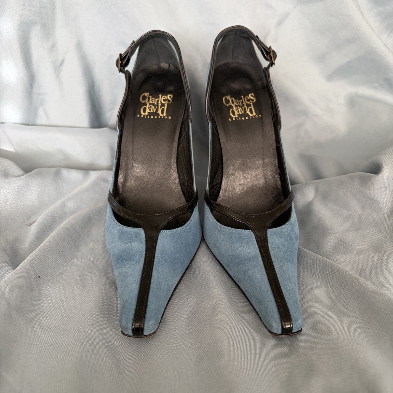 Charles David Vintage Heels Blue Suede Black Leather Slingback Sz 5.5 Classy