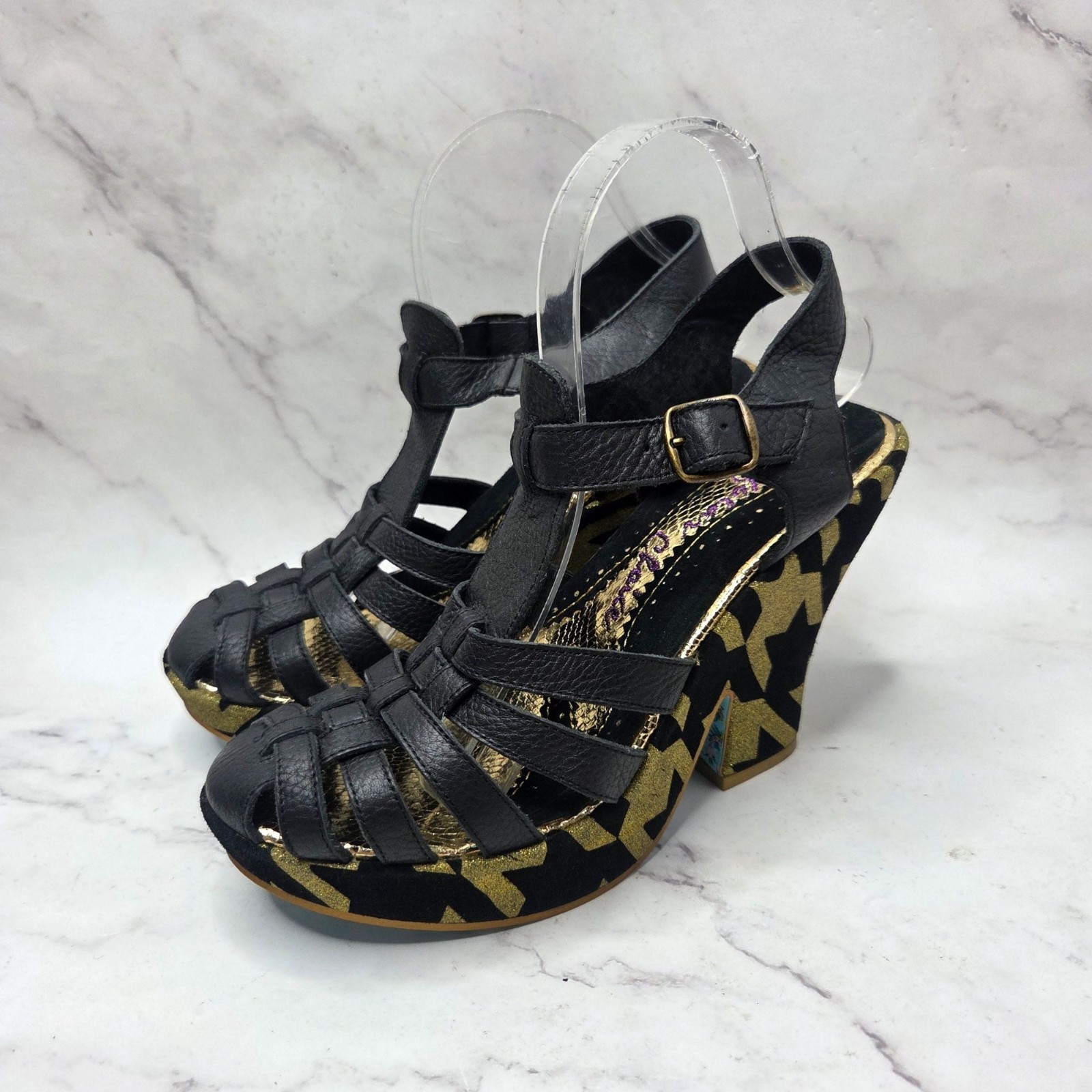 Irregular Choice Gold Black Platform Heels Leather Strappy Women’s 9