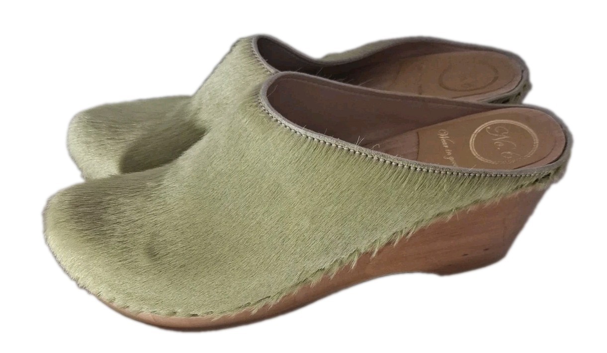 No.6 Old School Clogs Calf Pony Hair Fur Green Boho Mules Wood Heel Sz 43 12 New