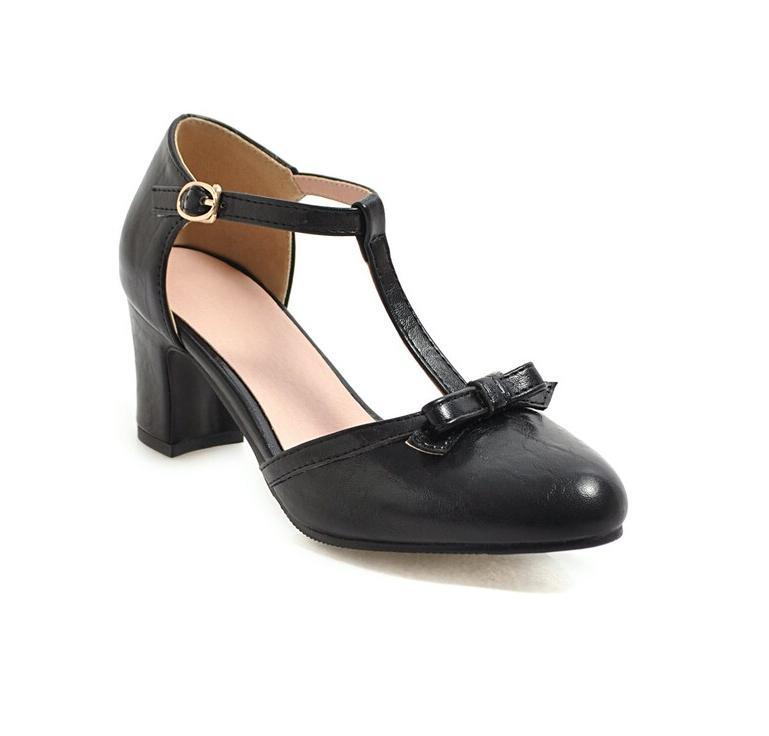 Womens Bowknot Mid Heel Shoes T Strap Fashion Dress Leather Sandals Casual Pumps