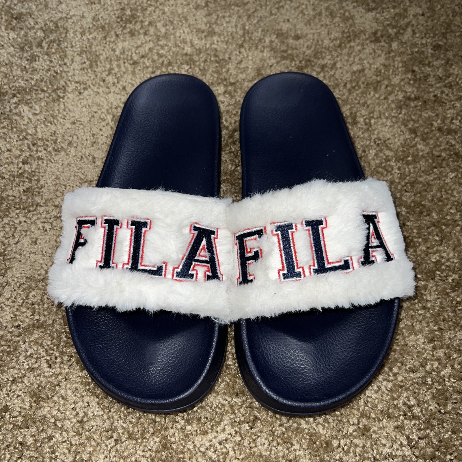 Fila Womens Furry Drifter Collegiate Slide Sandals Size 7 Navy White Red