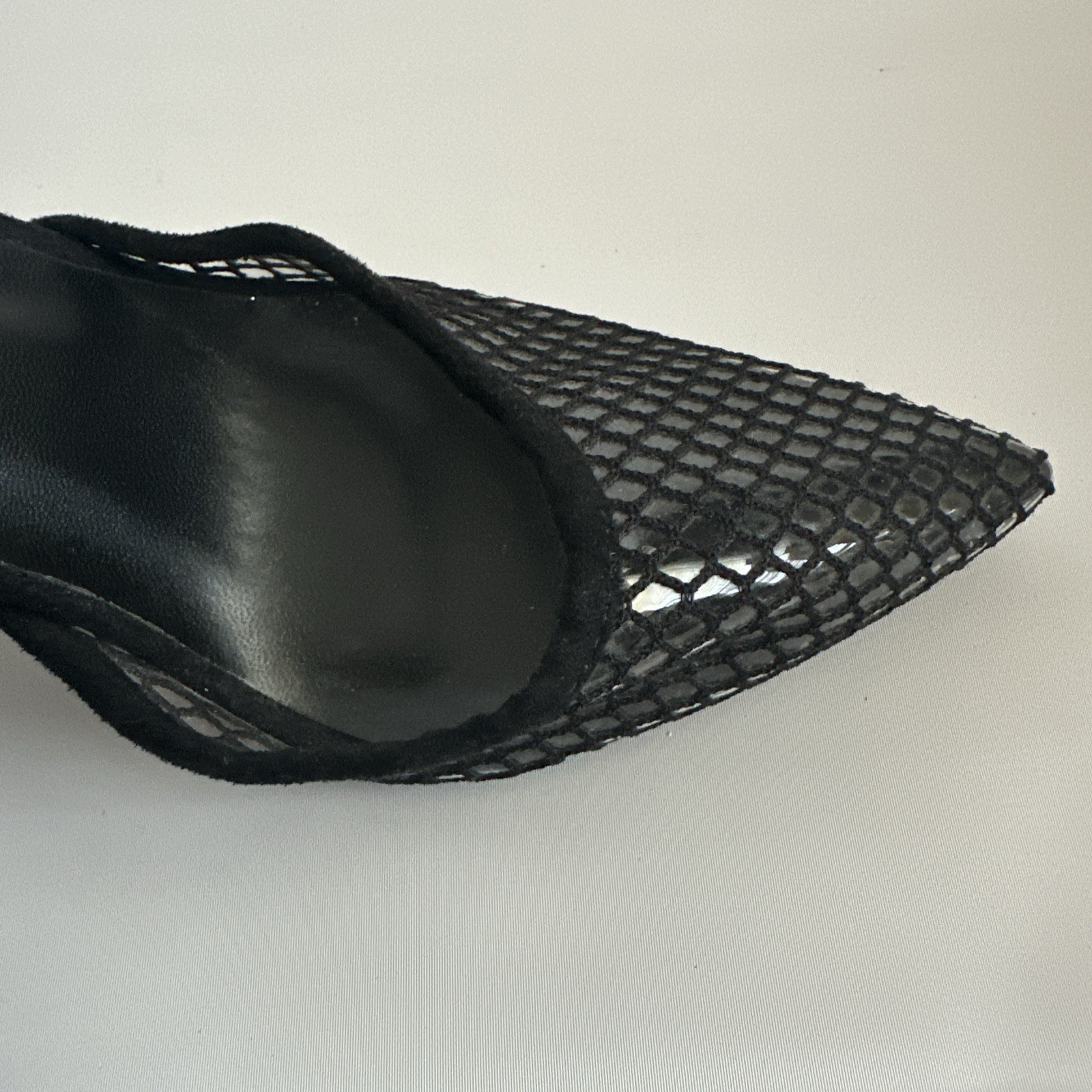 Boohoo Women Black Heel Size 6 Fishnet Pointed Toe Faux Suede Clear Plastic Shoe