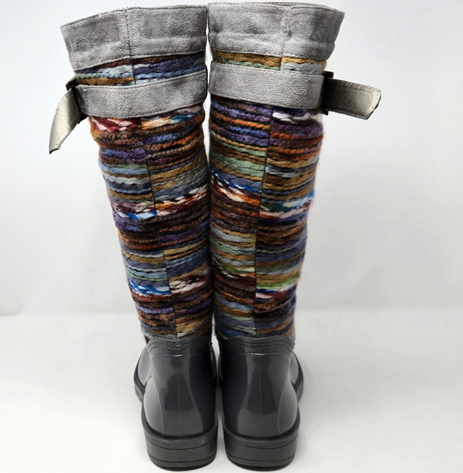 Nomad Chopper Size 8 Rain Boots Boho Multi Color Grays Knit Tops Rubber Bottoms