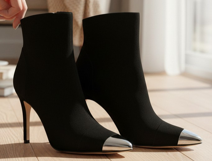 DESIGNER GIORDANA F. BLACK SUEDE SILVER METAL TIP HIGH HEEL ANKLE BOOTS SIZE 9.M