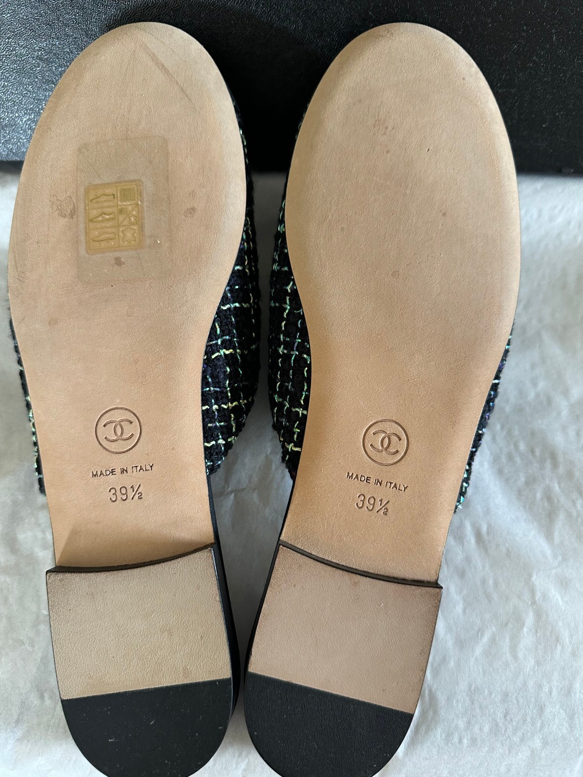 (1) Chanel 17S CC Black Green Tweed Grosgrain Mules Shoes – Size 39.5 – US 9 1/2