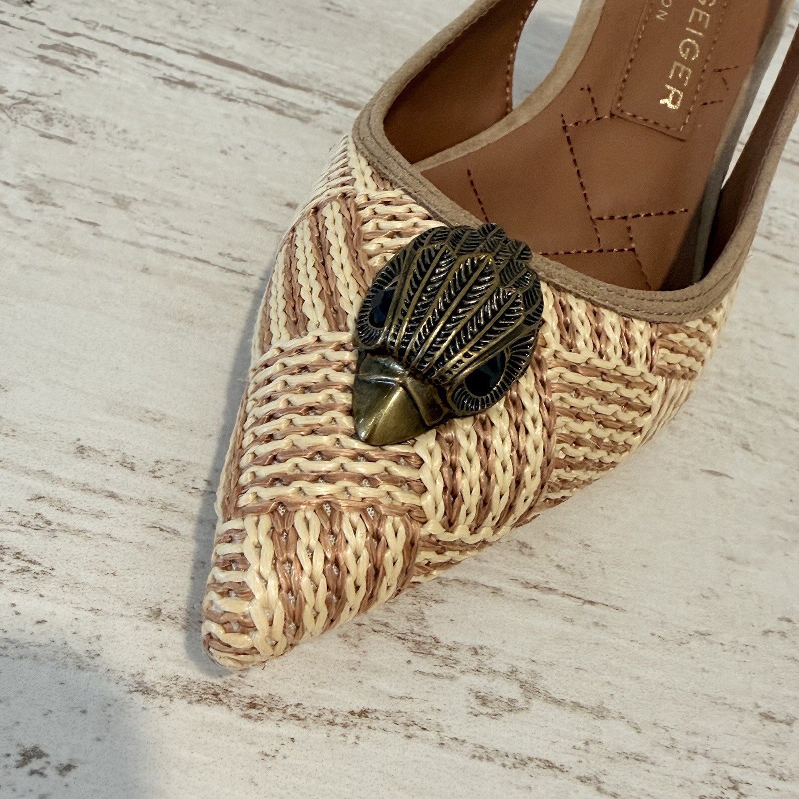 Kurt Geiger London Belgravia Slingback Raffia Woven Heels Beige Combo Size 36 EU