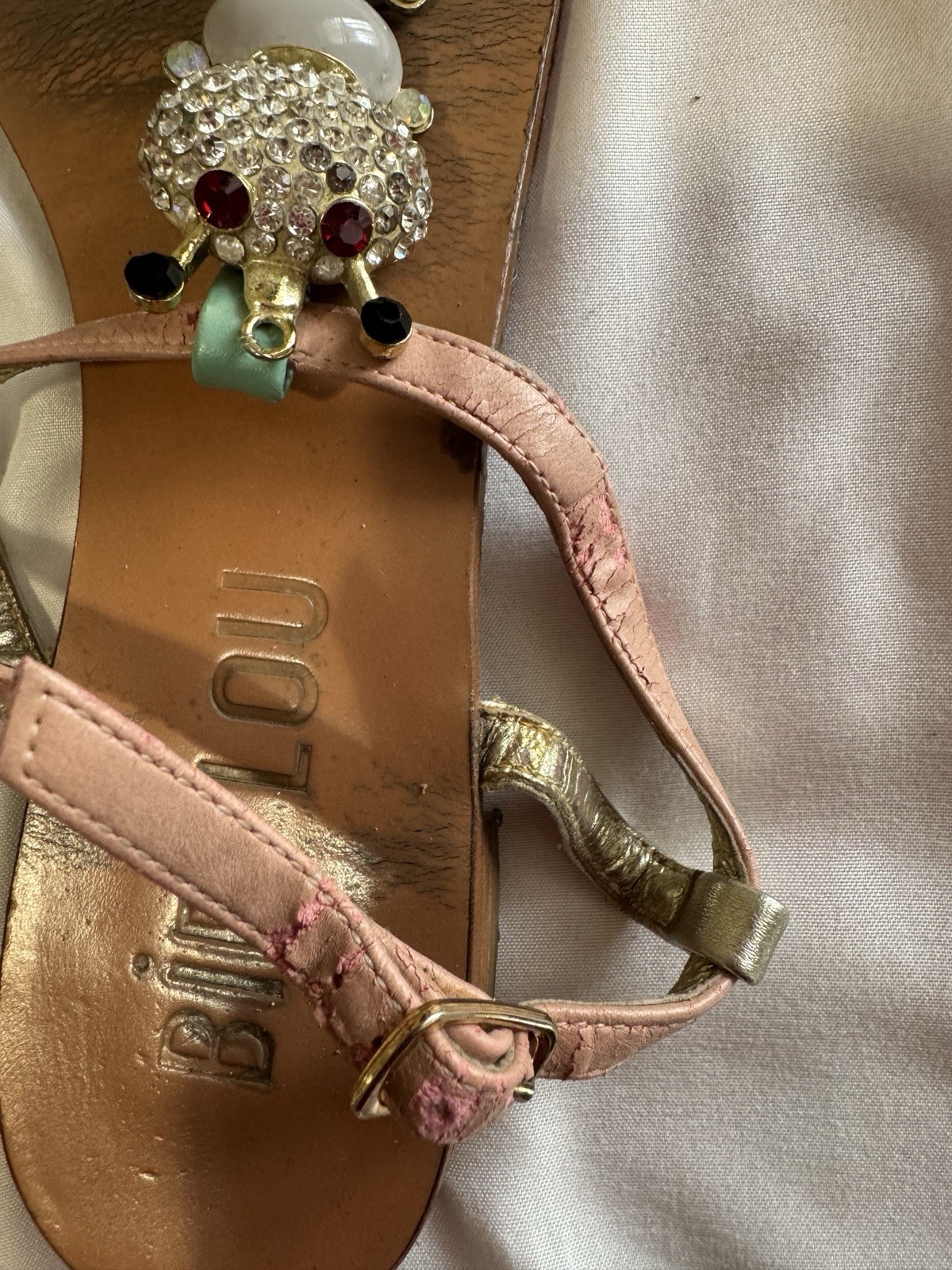 BibiLou Beaded Rhinestone Thong Sandals Gold Pink Green Multicolor