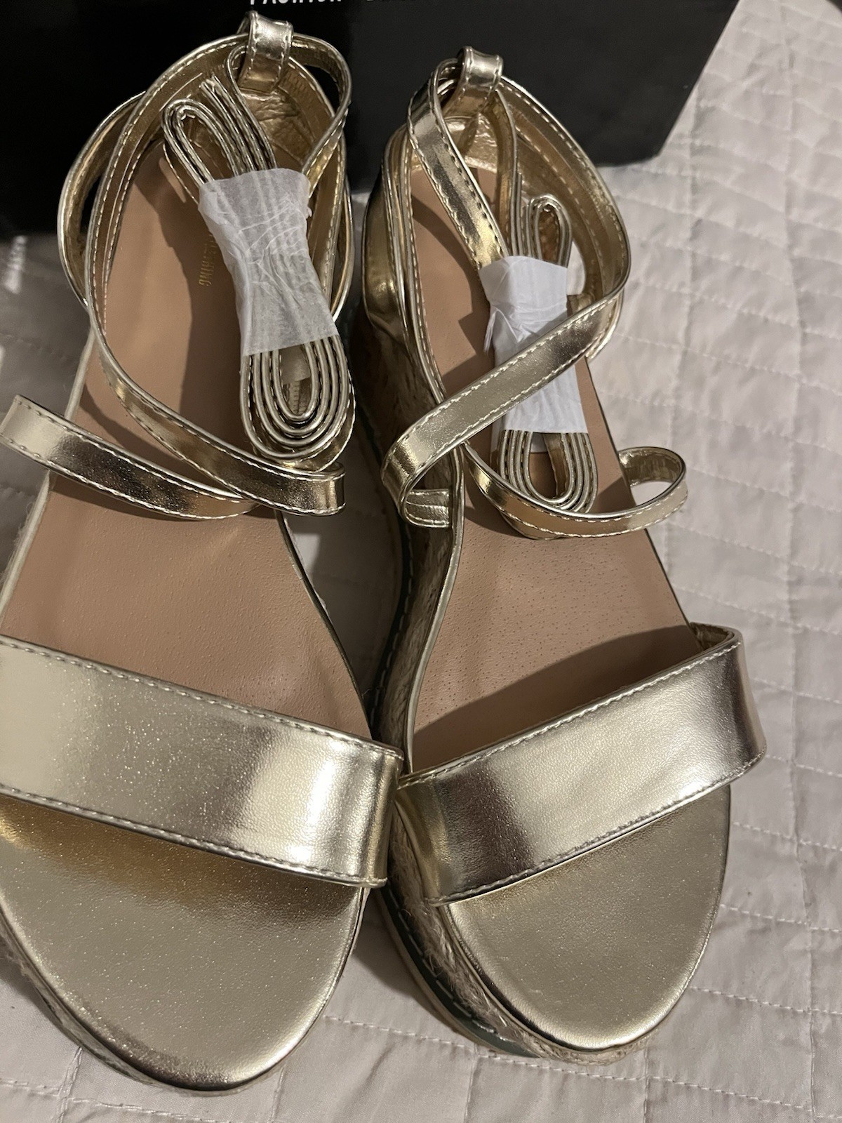 PrettyLittleThing Gold Espadrille Lace-up Platform Sandals SZ 38 / US 7.5 NIB
