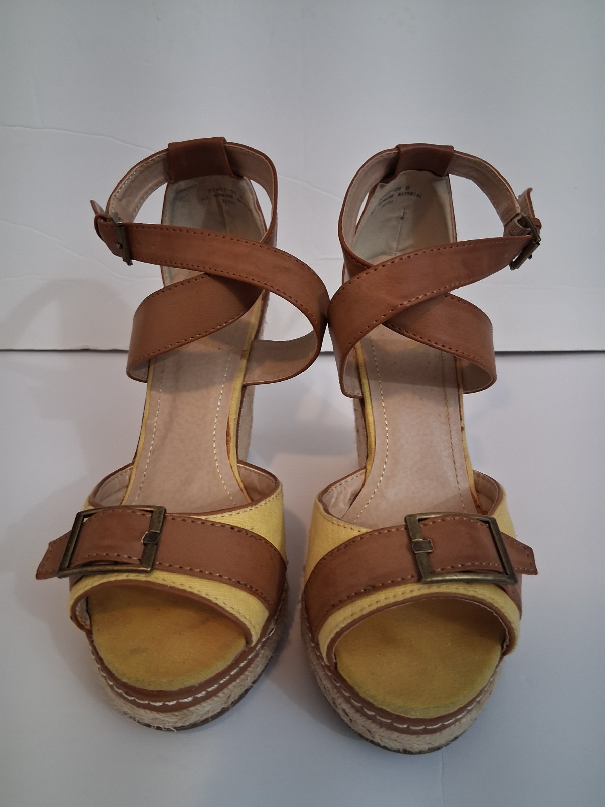 Bamboo Yellow Brown Faux Leather Fabric Espadrille Wedge Sandals, Size 8