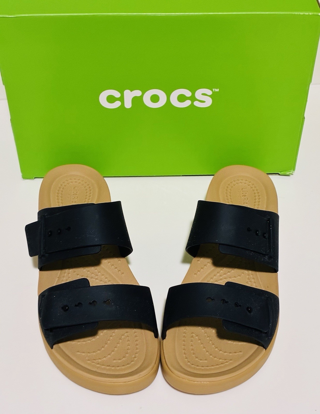 Size 6 Women Crocs Brooklyn Buckle Low Low Sandals Slip-On Wedge Black/Tan w/Box
