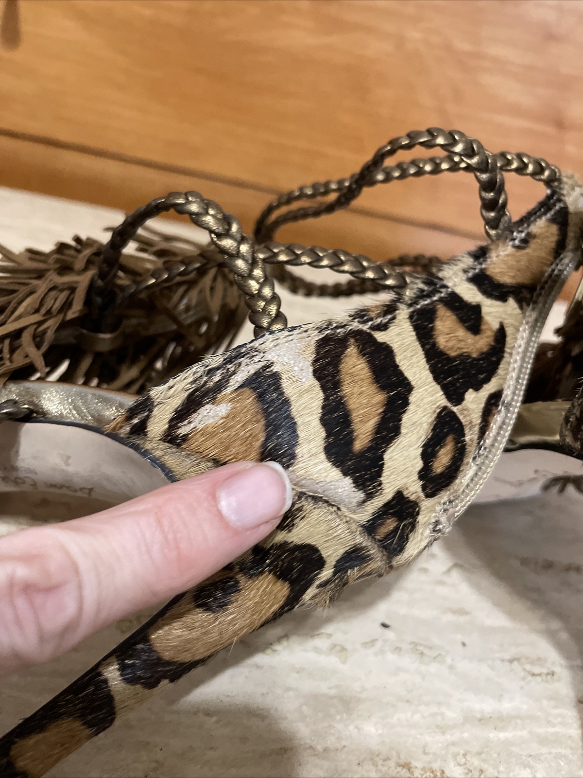 Sam Edelman Leopard Print Genuine Calf Hair Strappy Tassel Stiletto Heels Sz 7.5