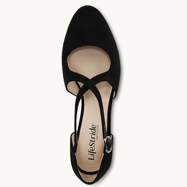 LifeStride Tracy Black Micro Strappy Pump Block Heel Almond Toe Shoes 8.5W wide