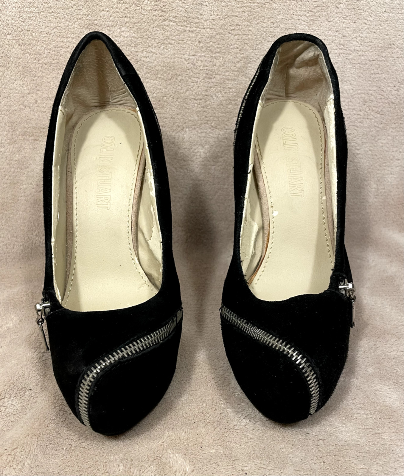 COLIN STUART STILETTOS, Black Suede Zipper Platform 5.5″ Heels Size 7.5 B