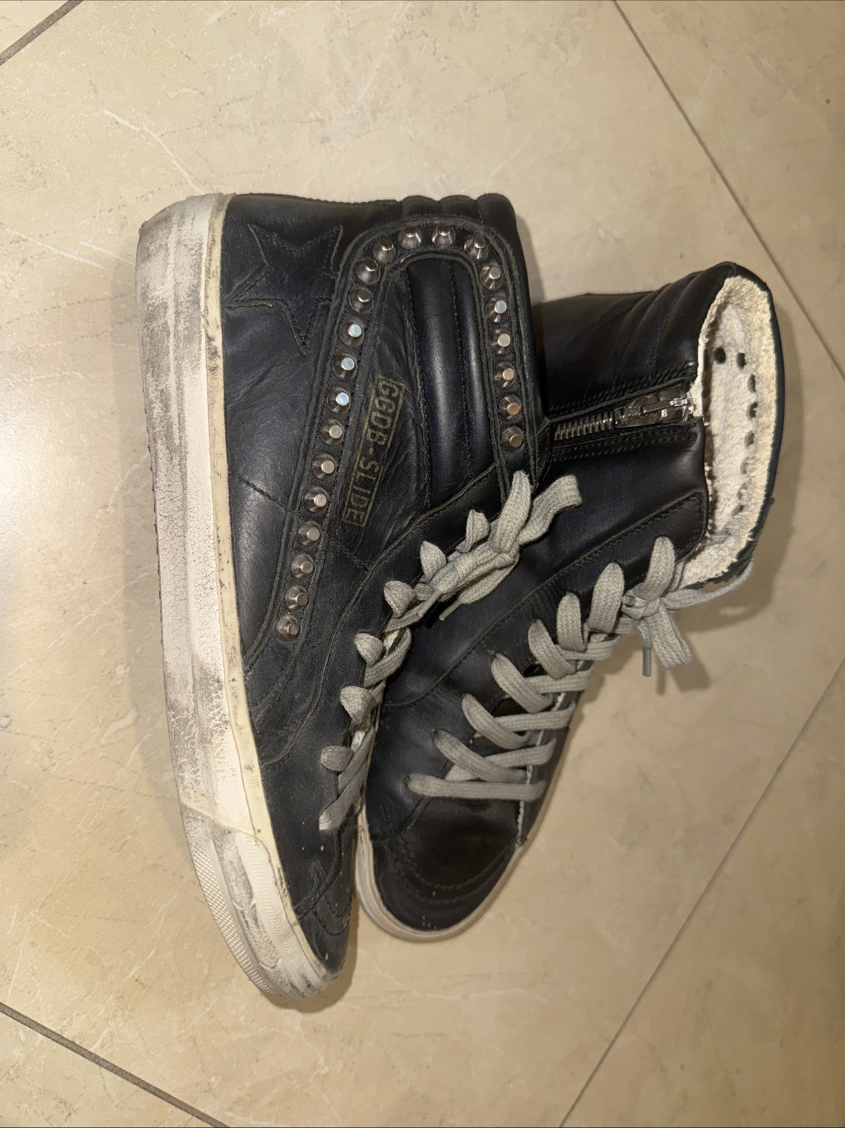 Golden Goose Women’s Black Slide Mid-Top Leather Stud Sneaker Shoes Size 39