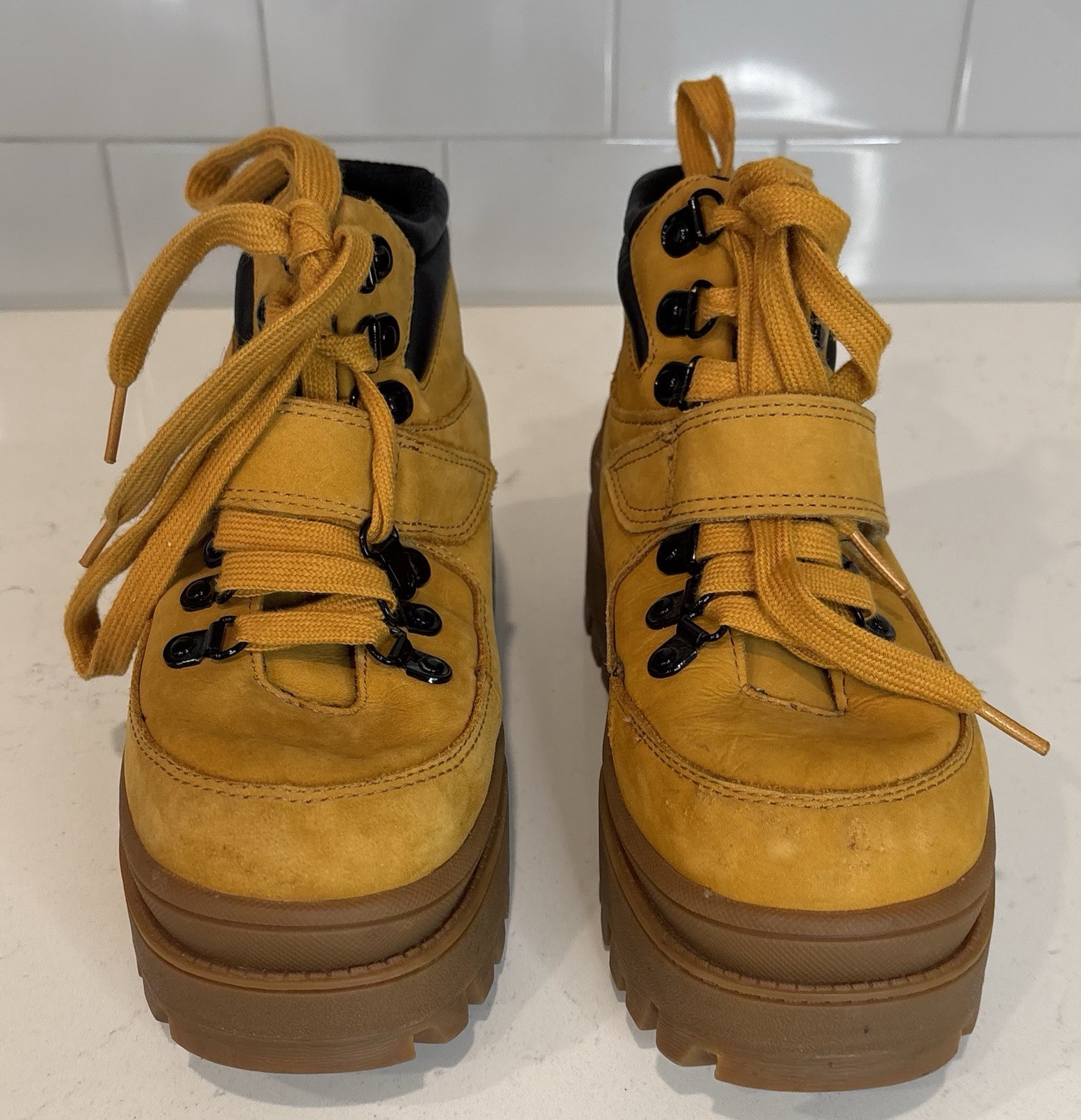 JEFFREY CAMPBELL Top Peak Platform Hiking Boots Mustard Yellow Lug Sole Chunky