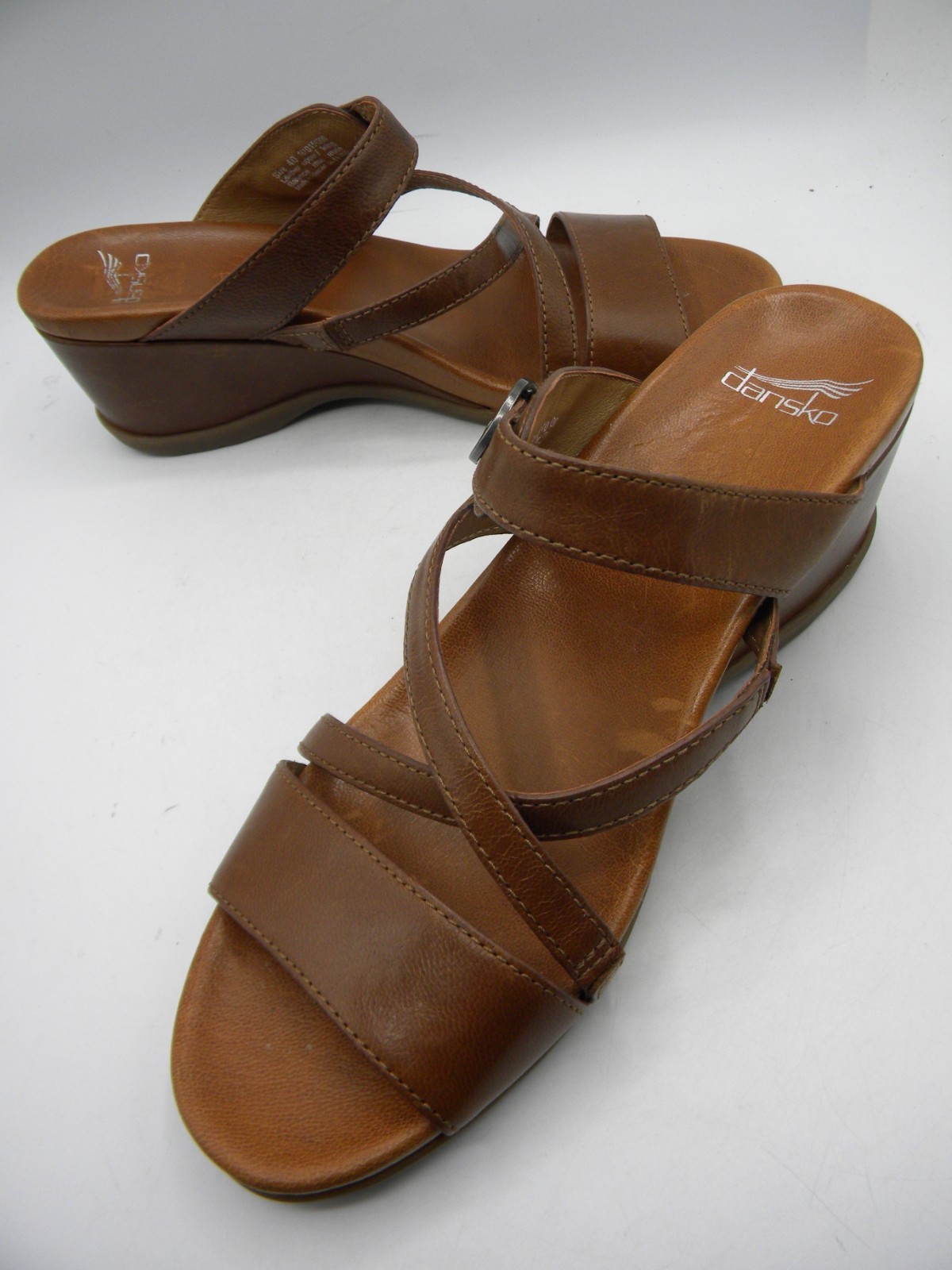 DANSKO Ana Brown Leather Wedge Heel Strappy Slide Sandals Size 40 Display