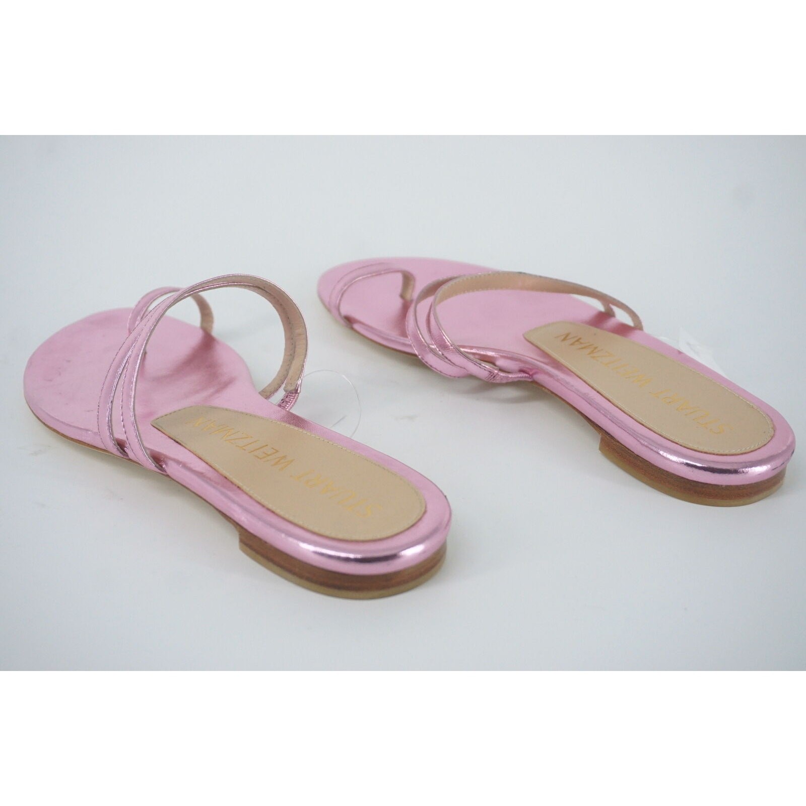 Stuart Weitzman Leonita Slide Pink Metallic Leather Sandals Size 6 New Flat $350