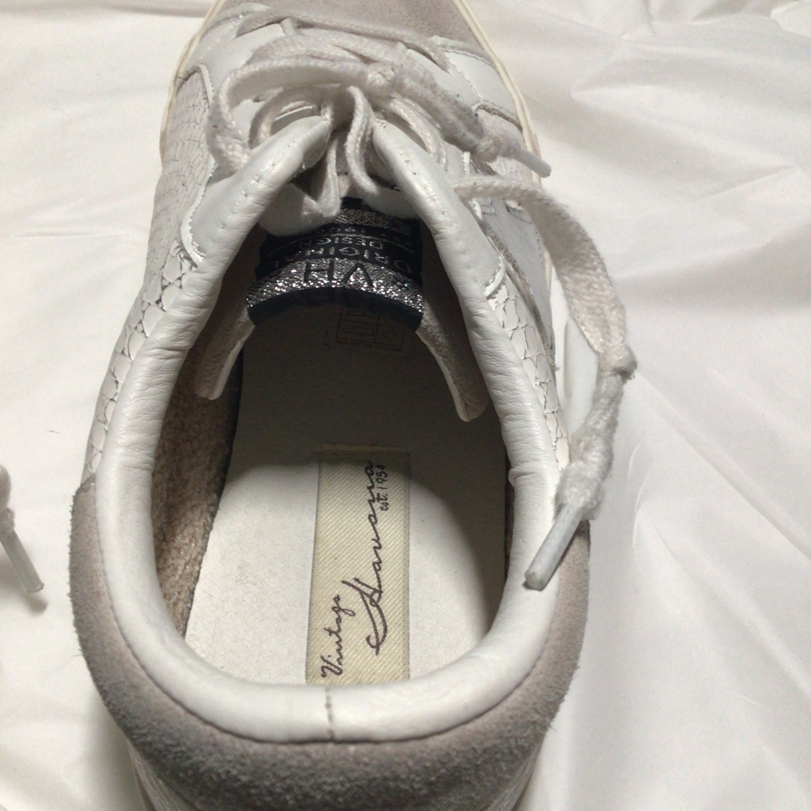 Womens Vintage Havana Silver Snake Sneaker with greige suede-like fabric size 10